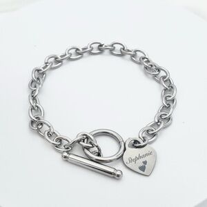 Personalized Name Silver Heart Charm Bracelet with Toggle Clasp